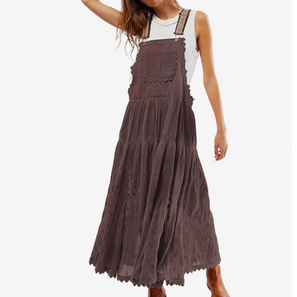NWT Embroidered Bib Maxi Dress - Chocolate
